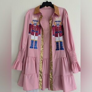 Pink Dress with Nutcracker Embroidery and Gold Accents